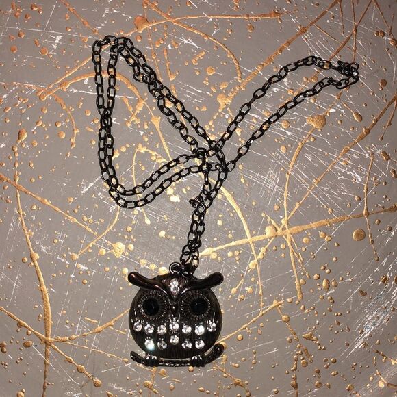 Brass with Black and White Rhinestones Owl on a Branch Necklace - Picture 5 of 5